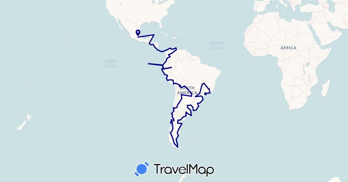 TravelMap itinerary: driving in Argentina, Bolivia, Brazil, Chile, Colombia, Costa Rica, Ecuador, Guatemala, Honduras, Mexico, Nicaragua, Panama, Peru, Paraguay, El Salvador, Uruguay, Venezuela (North America, South America)